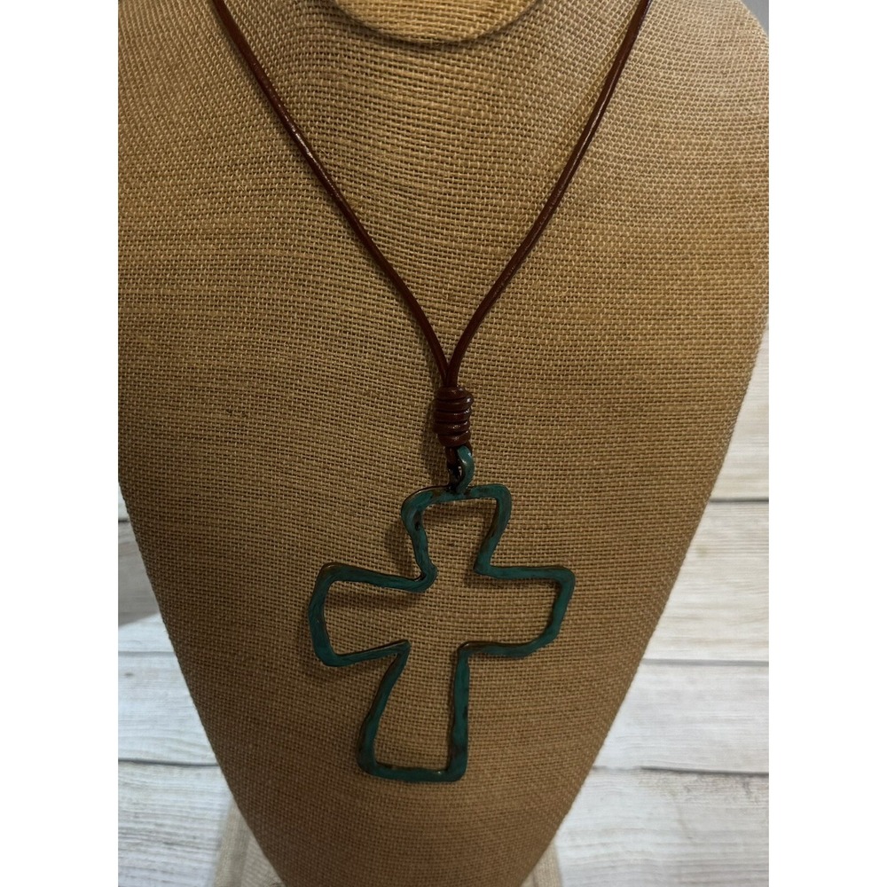 DROOL Nickel Free Chunky Teal Cross Cord Necklace Brown Long Weathered Look TubX